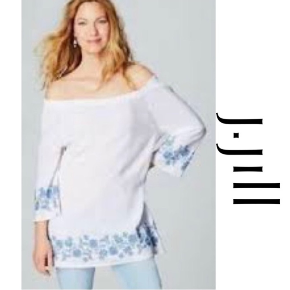 J. JILL Bohemian White Off/On Shoulder Embroidered Gauzy Top Sz XS